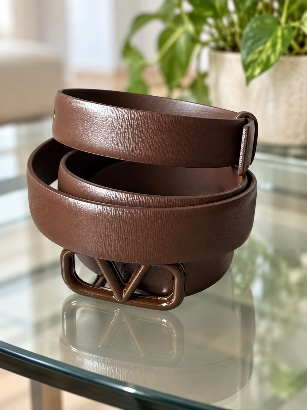 Valentino Brown Leather Belt with V Logo Buckle